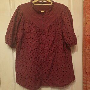 ❄️ 3/$25 Pretty Garden Burgundy Eyelet Puff Sleeve Blouse Button Down Top XXL NW